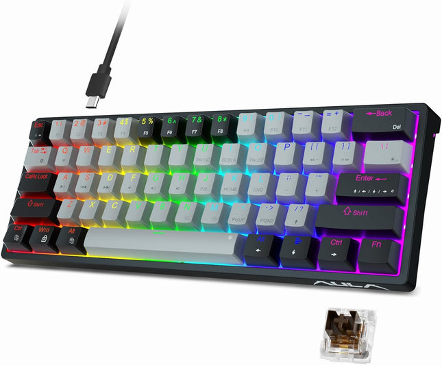 AULA 60 Percent Wired Mechanical Gaming Keyboard, 29 RGB Backlit Custom Hot Swappable Keyboards, Brown Switch 60% Mini Small Compact Design for PC/Mac/Laptop/Wins(Wired Version)