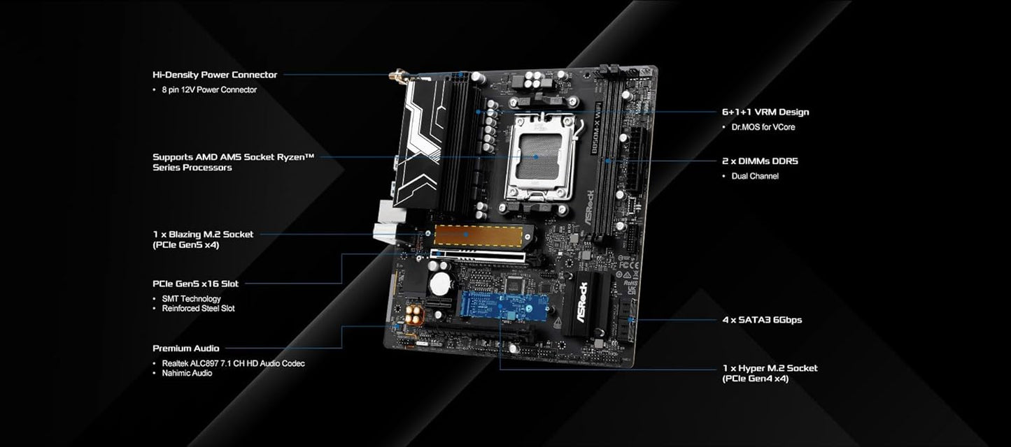 ASRock B850M-X WIFI R2.0 Amd B850 Am5 Micro Atx 2 Ddr5 Hdmi Dp Wi-Fi 6E 2.5G Lan