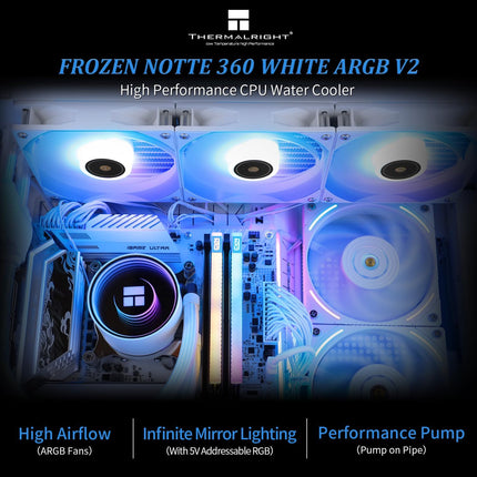 Thermalright Frozen Notte 360 Black & White ARGB V2 Water Cooling CPU Cooler, 360 Black CPU Cooler Specifications, 3×120mm PWM Fans, S-FDB Bearings, Suitable for AMD/AM4, Intel LGA 1700/1150/1151/1200/2011