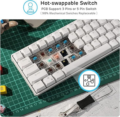 RK ROYAL KLUDGE RK61 Wireless 60% Triple Mode BT5.0/2.4G/USB-C Mechanical Keyboard, 61 Keys Wireless Mechanical Keyboard, Compact Gaming Keyboard with Software (Hot Swappable Red Switch, White)