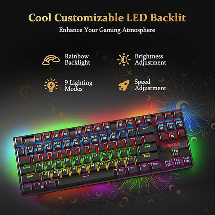 Redragon K552 Mechanical Gaming Keyboard, 87-Key Compact, LED Gaming Keyboard with Red Switches, Anti-Ghosting, Metal Frame for PC Gaming & Typing, Beginner-Friendly (Black)