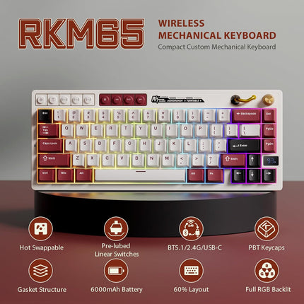 RK ROYAL KLUDGE M65 Wireless Mechanical Keyboard with Volume Knob, 60%