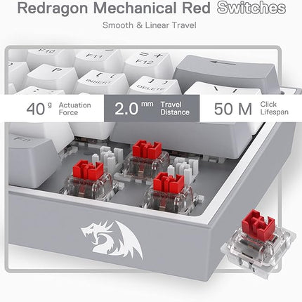 Redragon K617 Fizz 60% Wired RGB Gaming Keyboard, 61 Keys Hot-Swap Compact Mechanical Keyboard w/White and Grey Color Keycaps, Linear Red Switch, Pro Driver/Software Supported