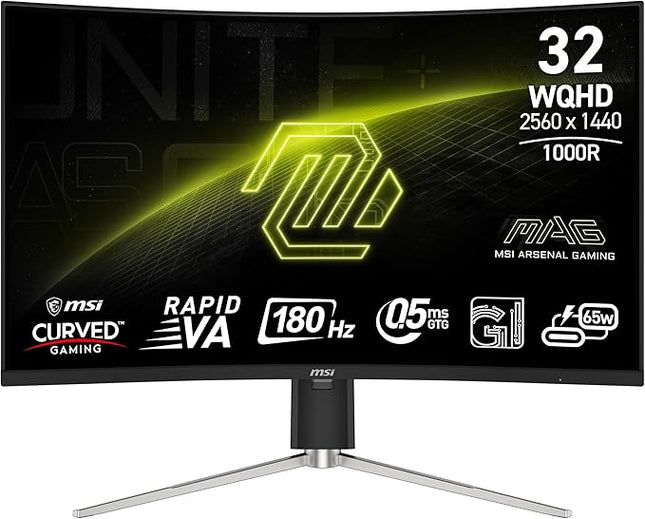 MSI MAG 325CQRXF E2 31.5-inch 2560 x 1440 (WQHD) Computer Monitor, 180Hz, Adaptive-Synch, HDMI, Display Port, VGA Port, VESA Mountable, Tilt, Height Adjustable, Speaker, 0.5ms, Black, Panel Type VA